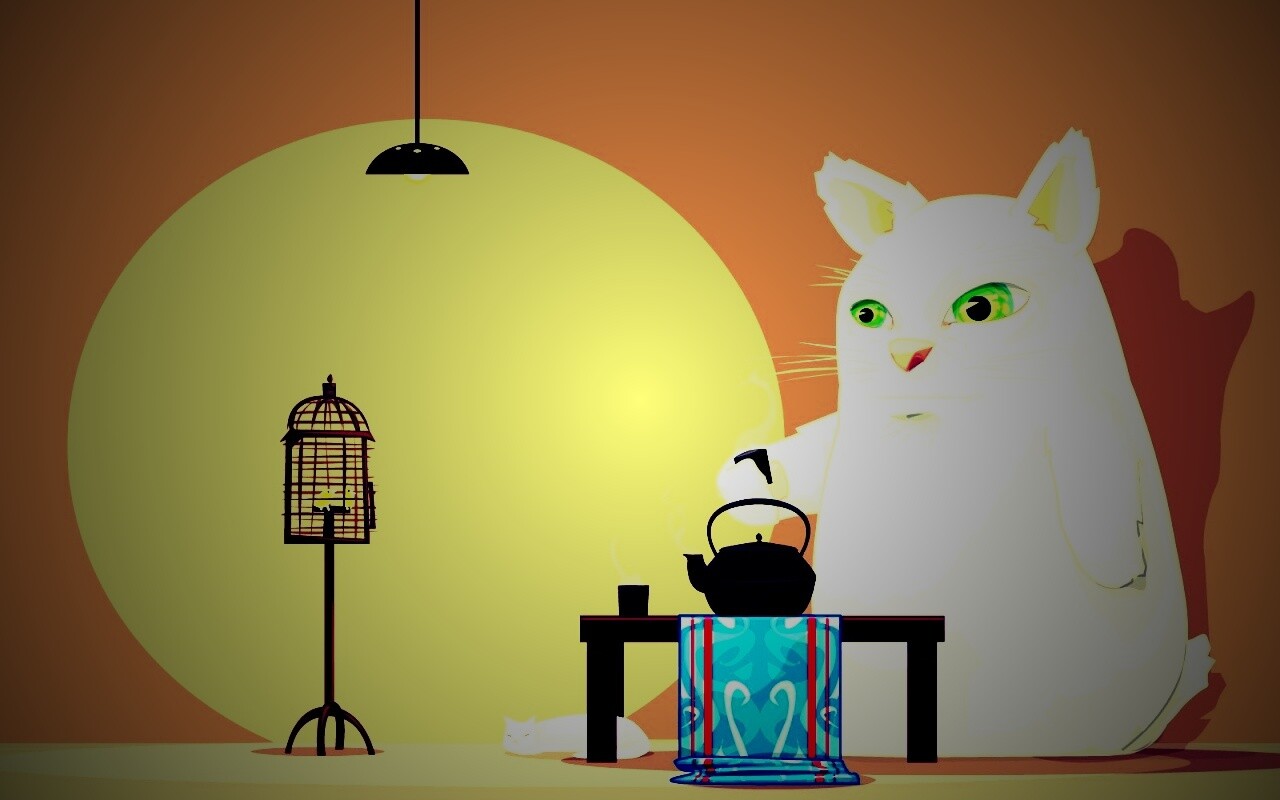 Кот пьет чай обои