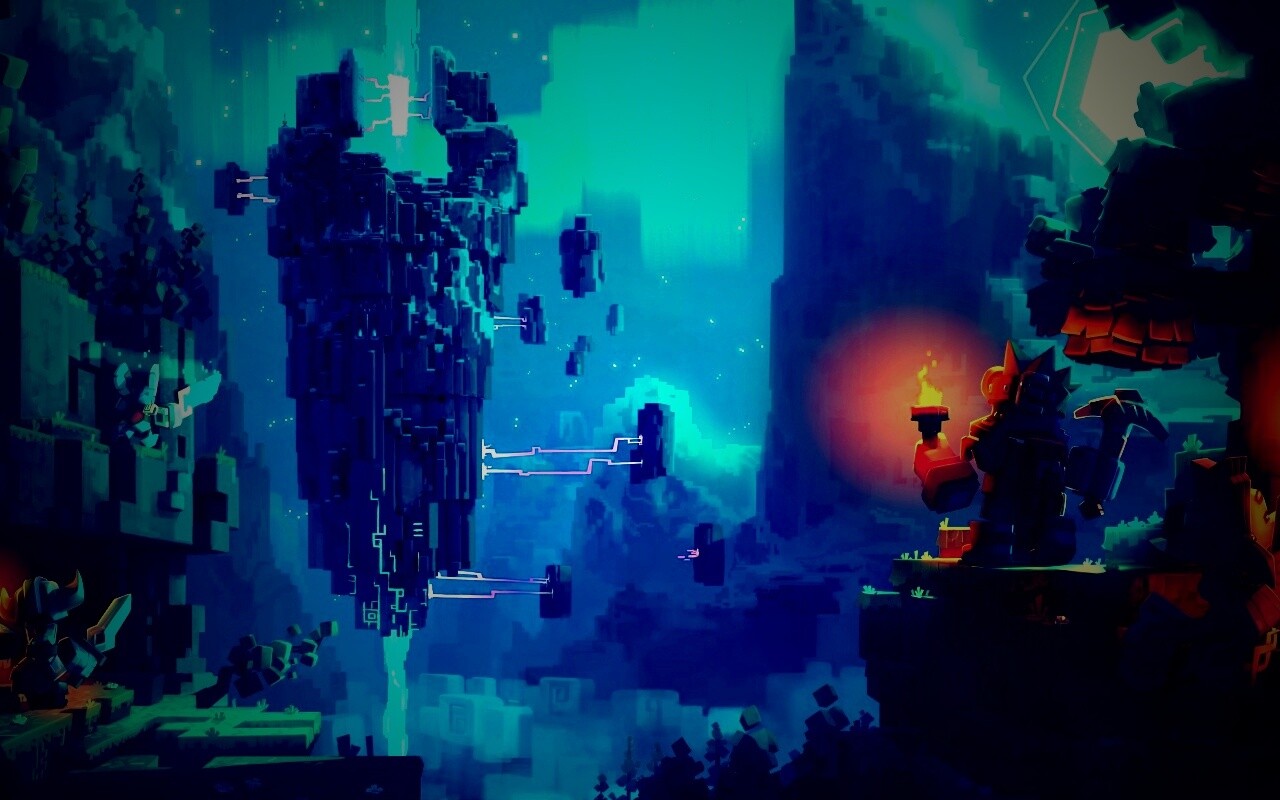 Парень с киркой и факелом смотрит в даль обои