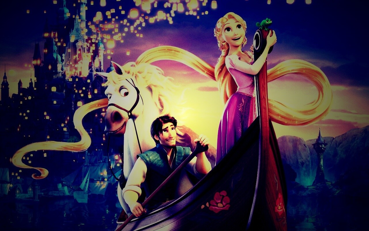 Рапунцель и Флин на лодке обои