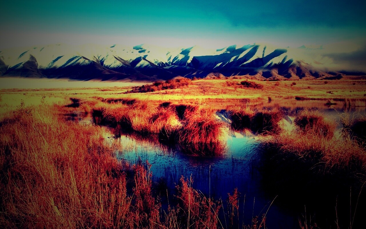 Болото и снежные горы обои