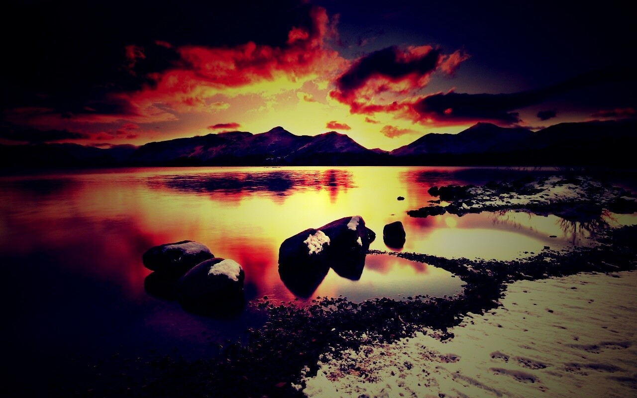 Картинный закат на озере обои