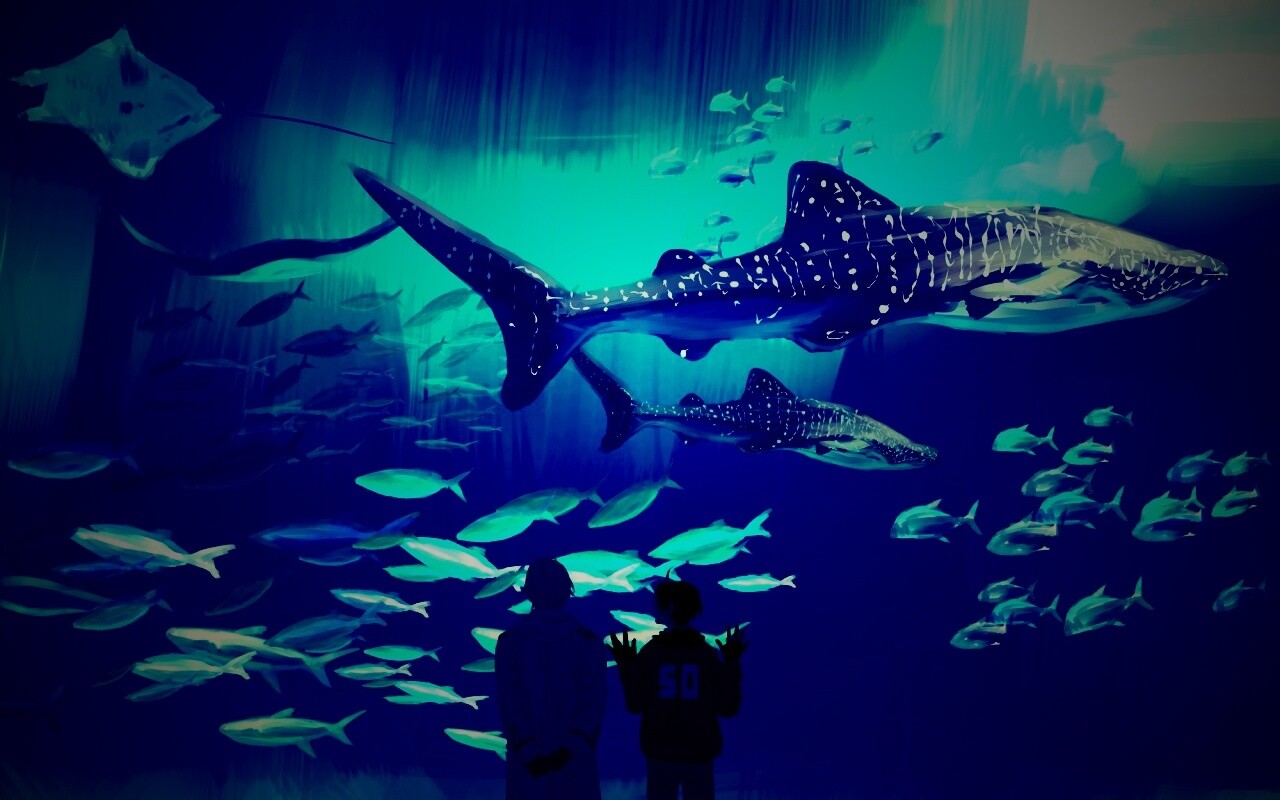 Двое в океанариуме обои