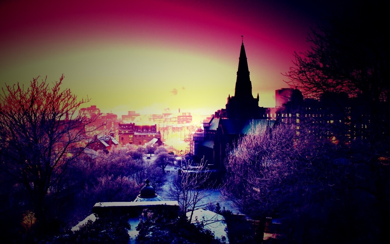 Закатный город зимой обои