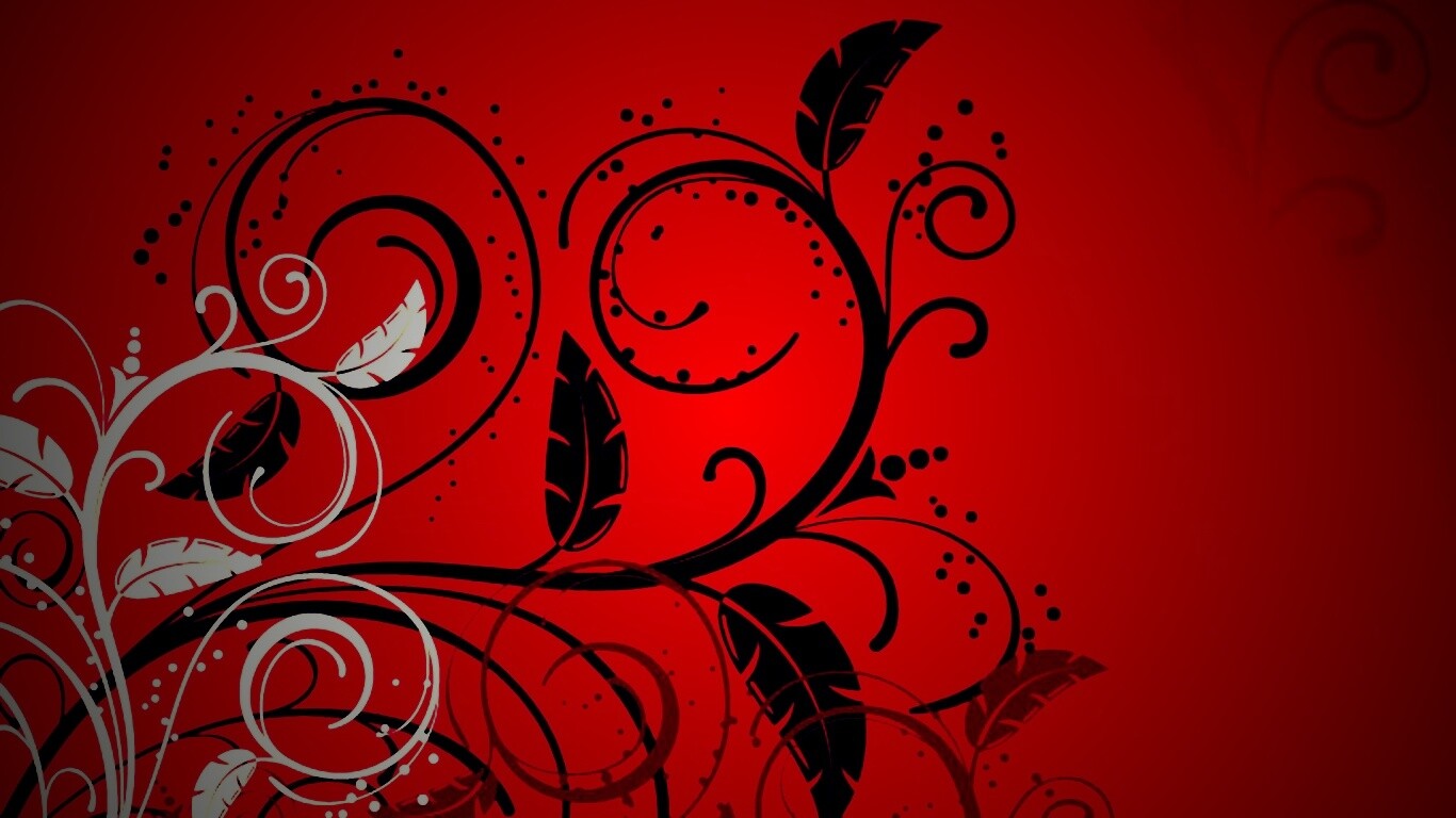 Черно-белые листики на красном фоне обои