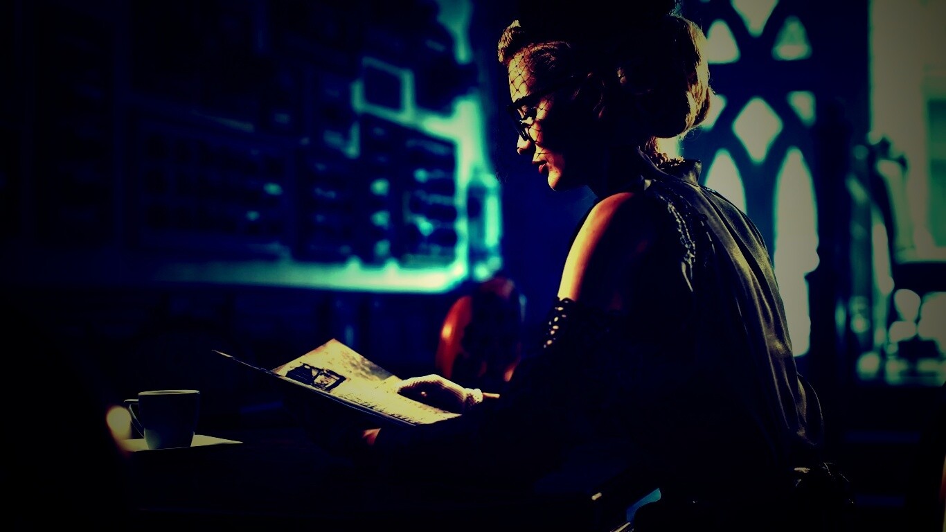 Витажная девушка в кафе обои