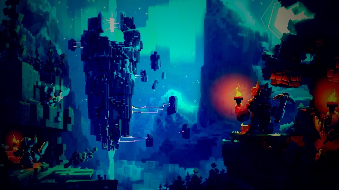 Парень с киркой и факелом смотрит в даль обои