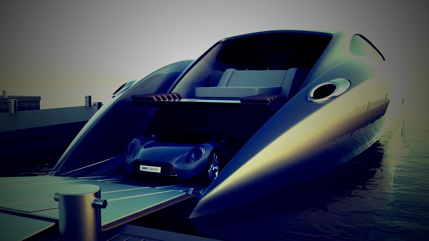 Яхта с автомобилем на борту обои