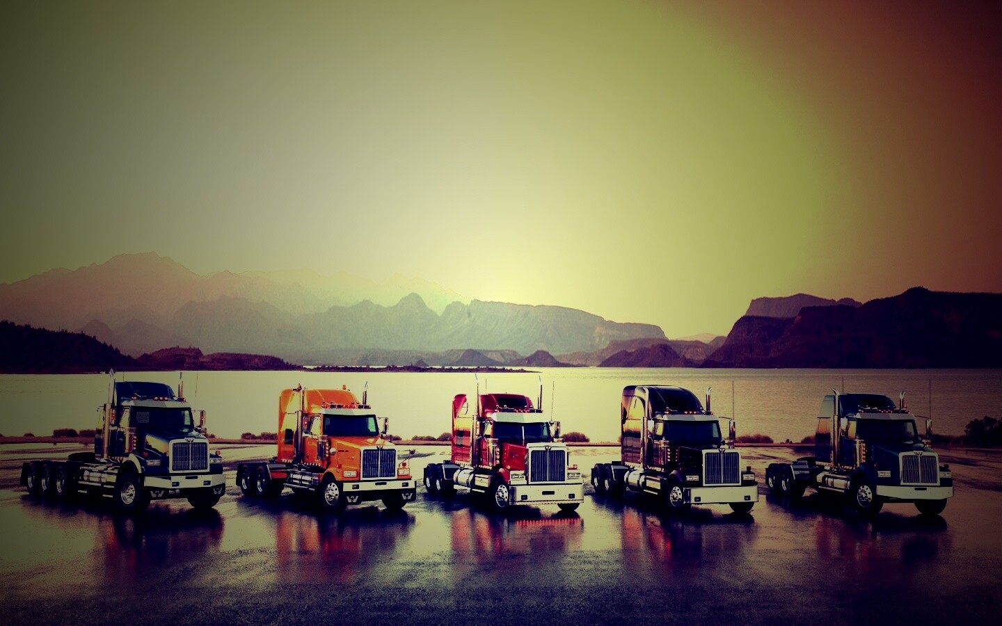 Тягачи на фоне озера обои