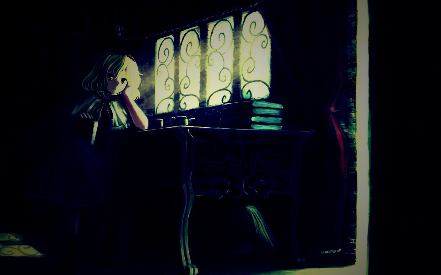 Девочка за столом с книгами обои