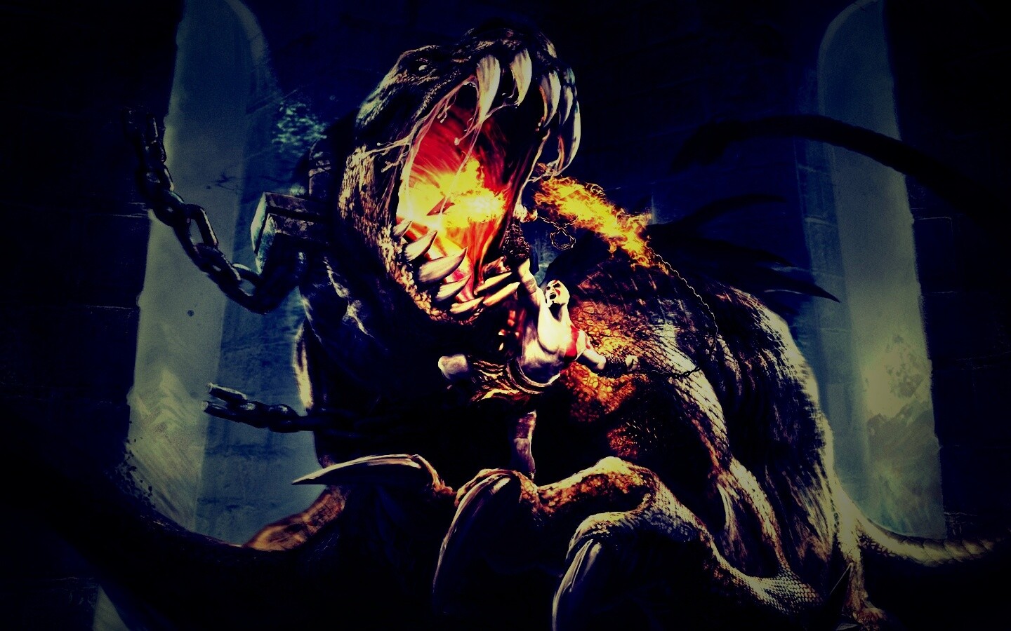 Кратос против динозавра обои