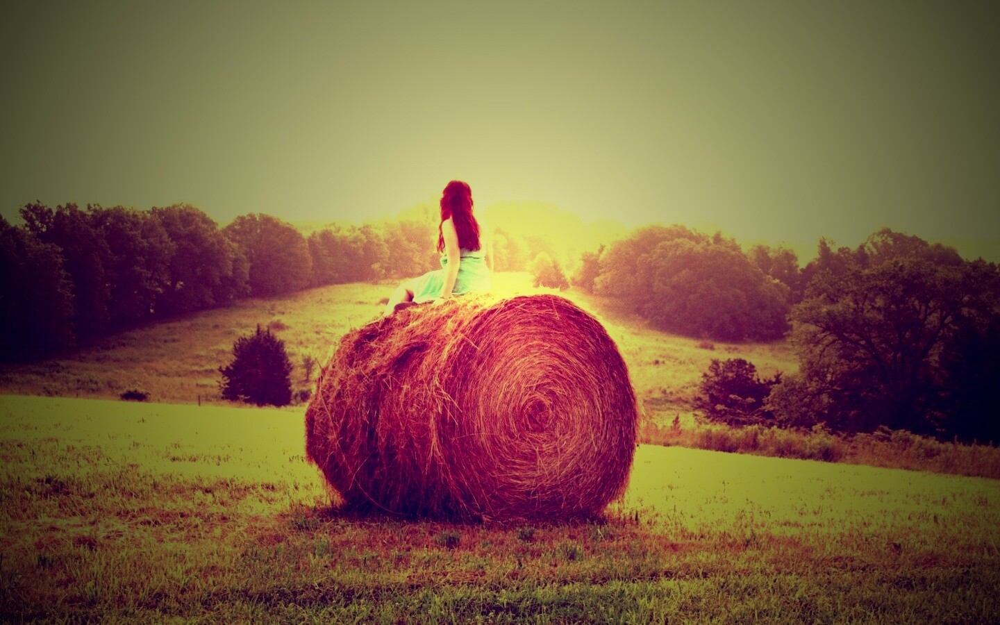 Девушка на снопе сена обои