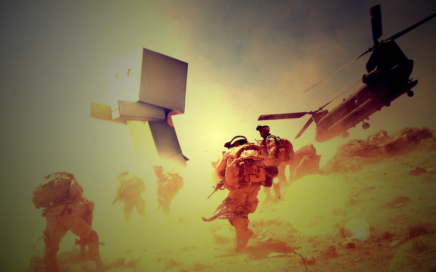 Картонный человек среди солдат обои