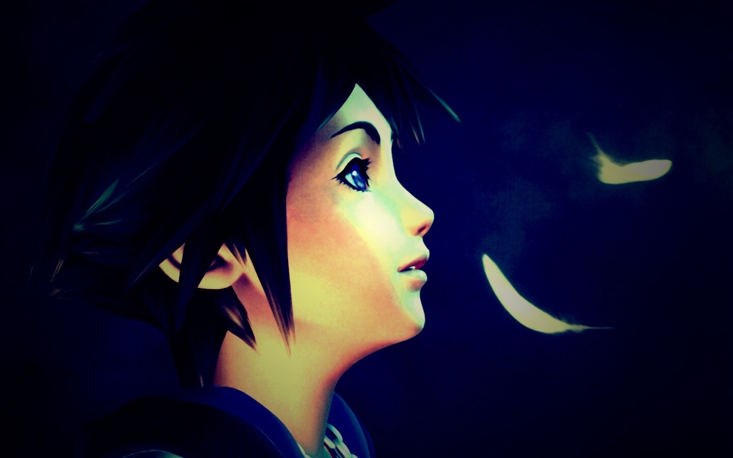 Анимешный парень и белые перья обои