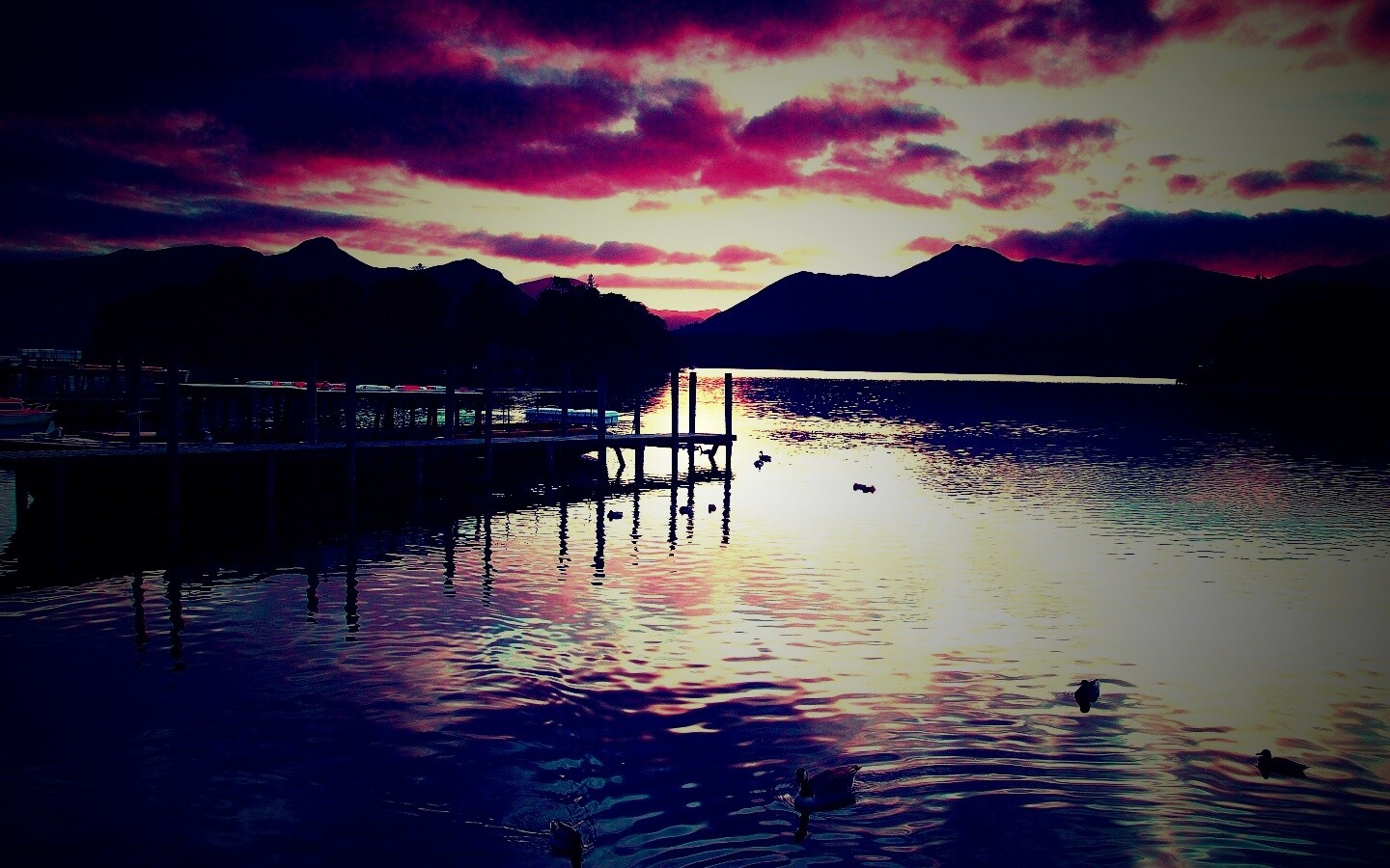 Причал на озере и утки обои