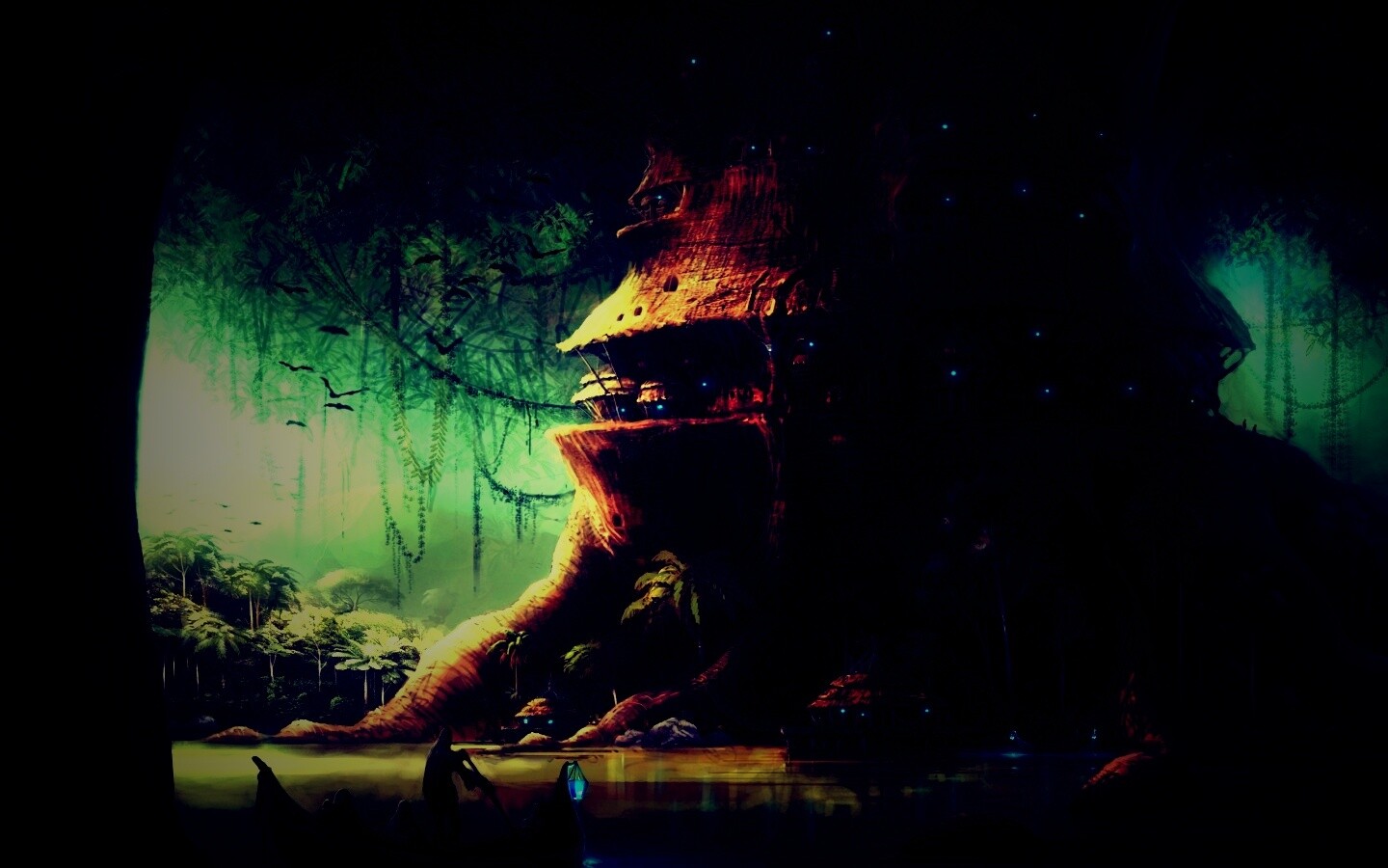 Город в стволе дерева обои