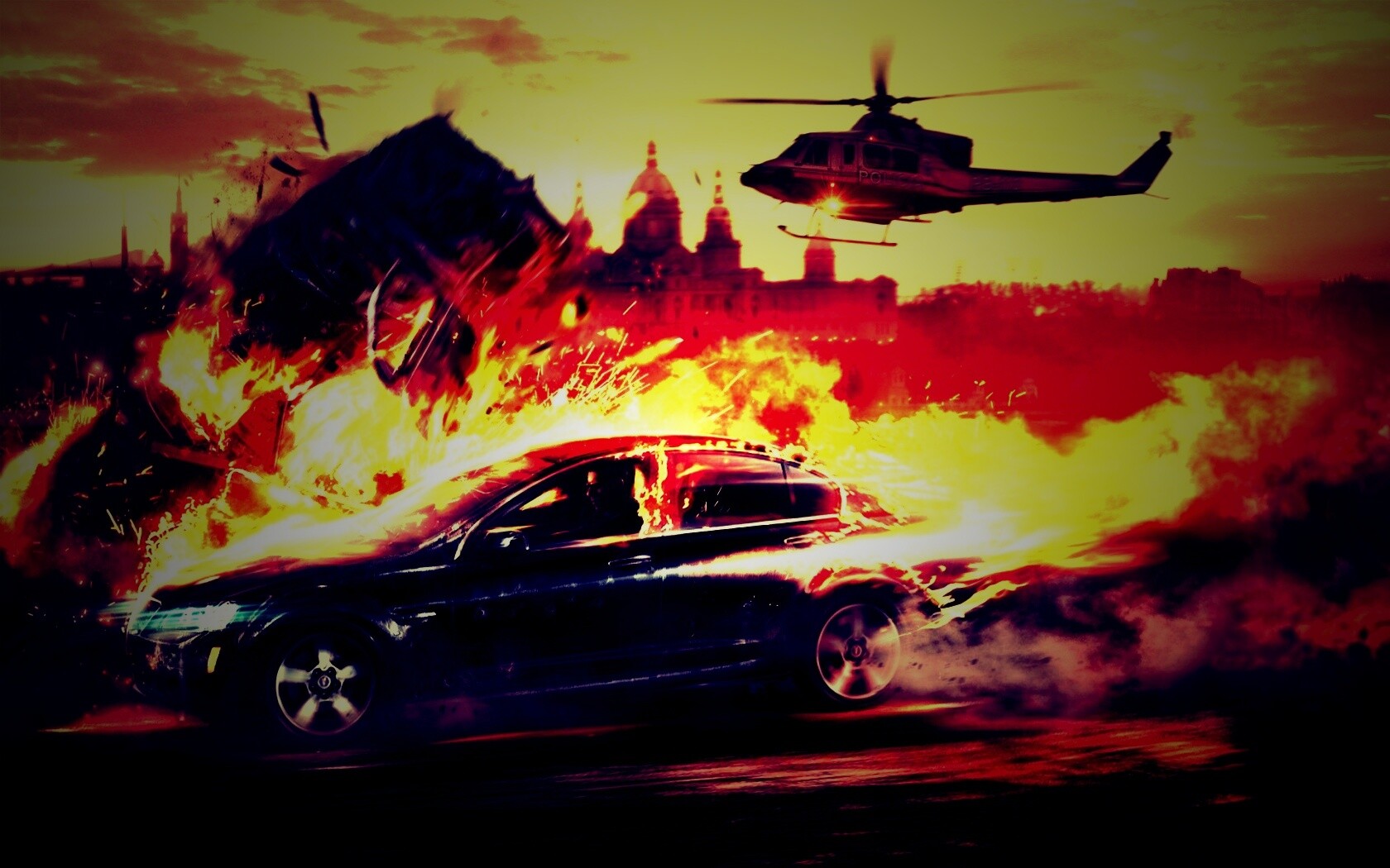 Погоня за горящей машиной обои