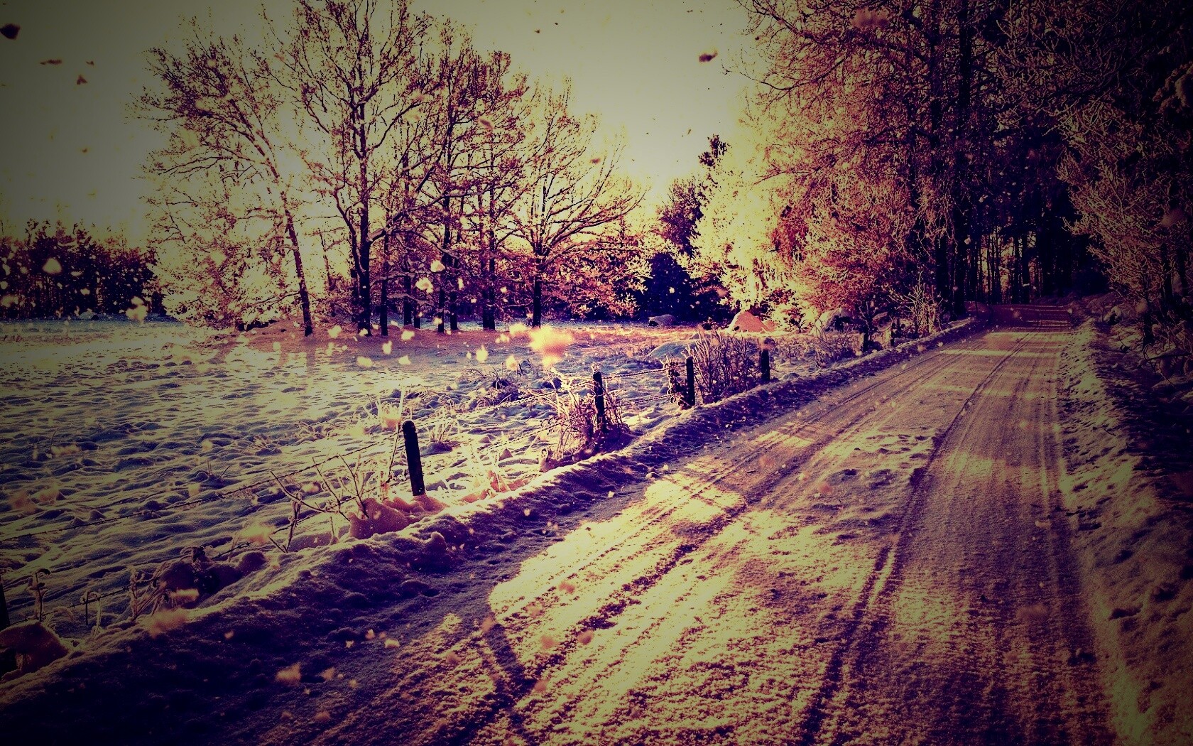 Снежная дорога залитая солнцем обои