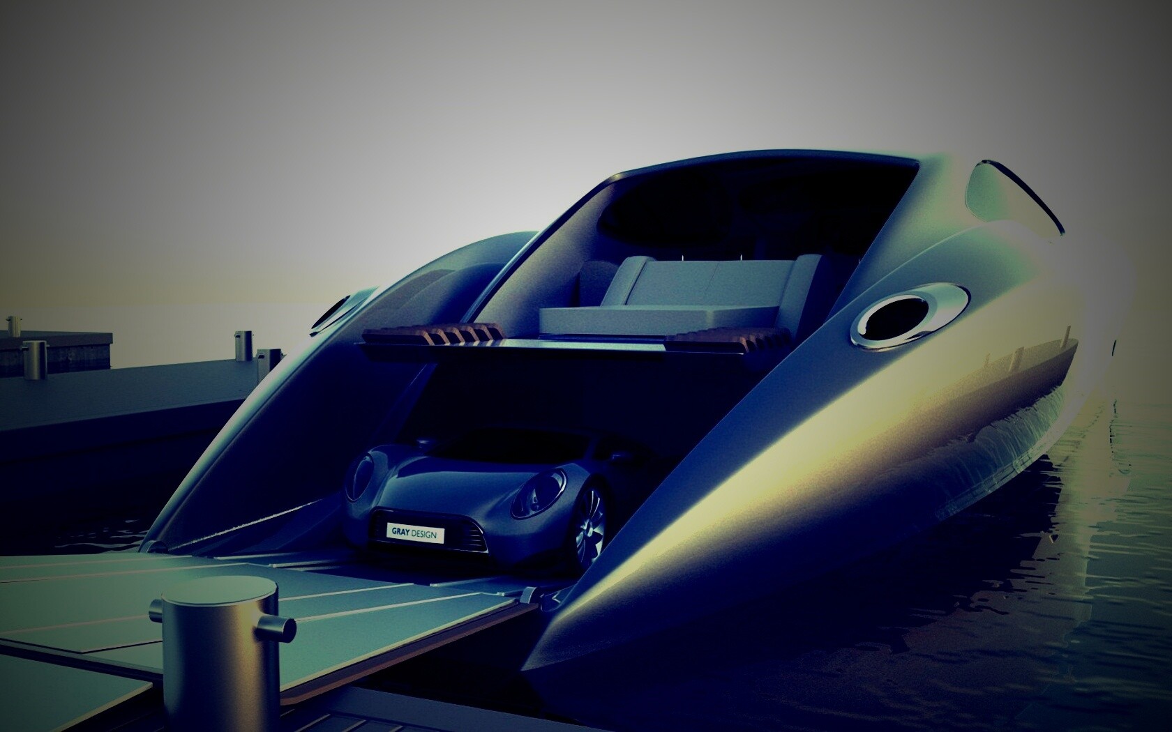 Яхта с автомобилем на борту обои