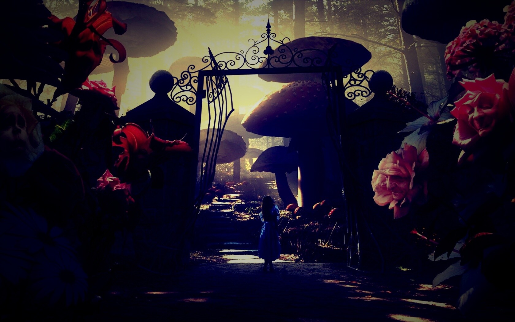 Алиса в стране чудес среди живых цветов обои