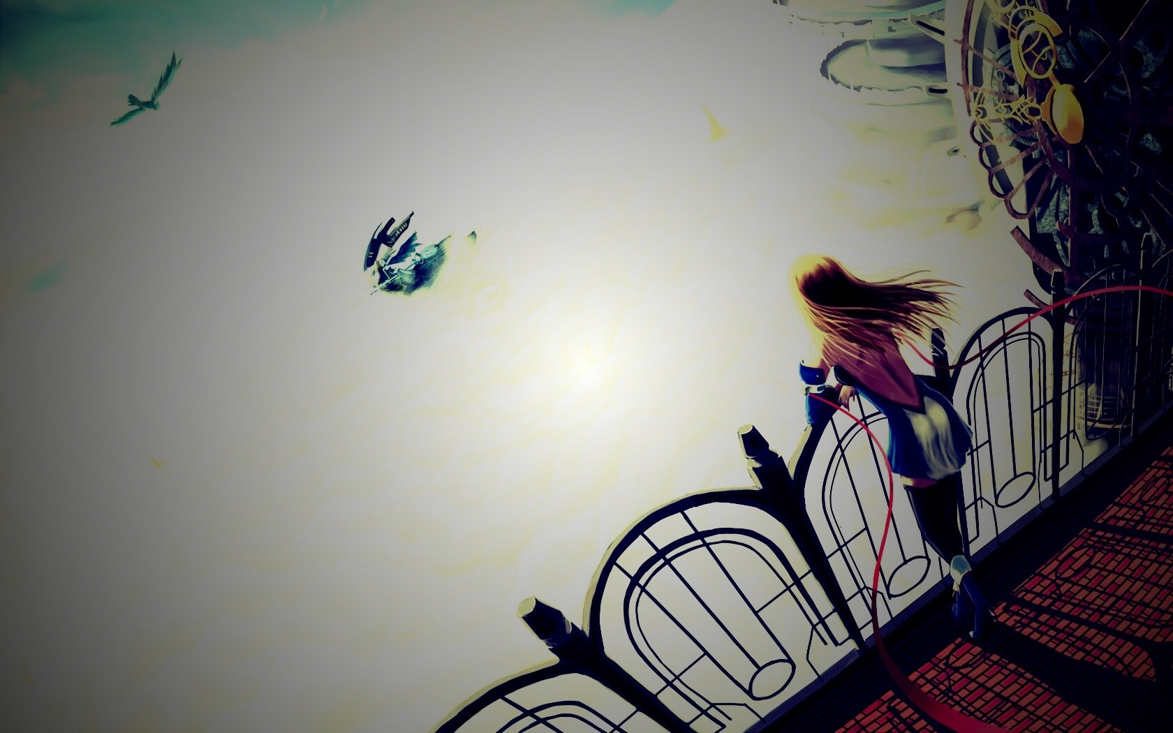 Девушка в городе над облаками обои