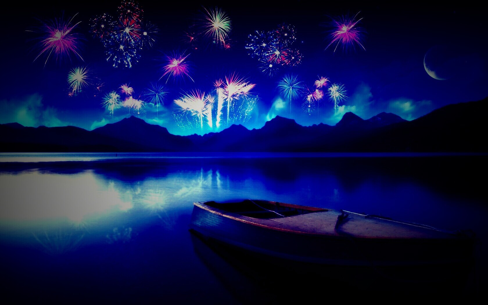 Фейрверк над озером обои