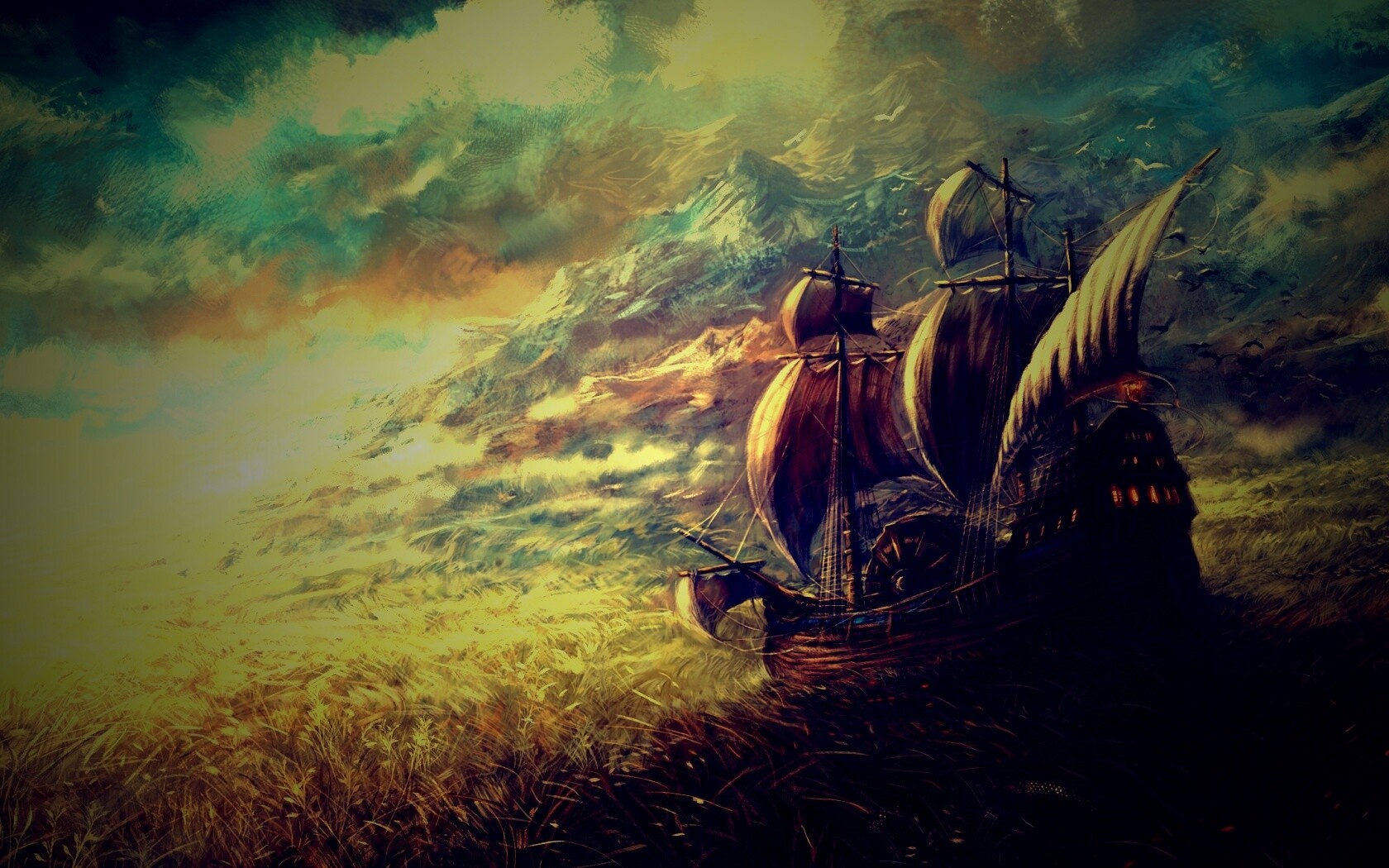 Корабль в море травы обои