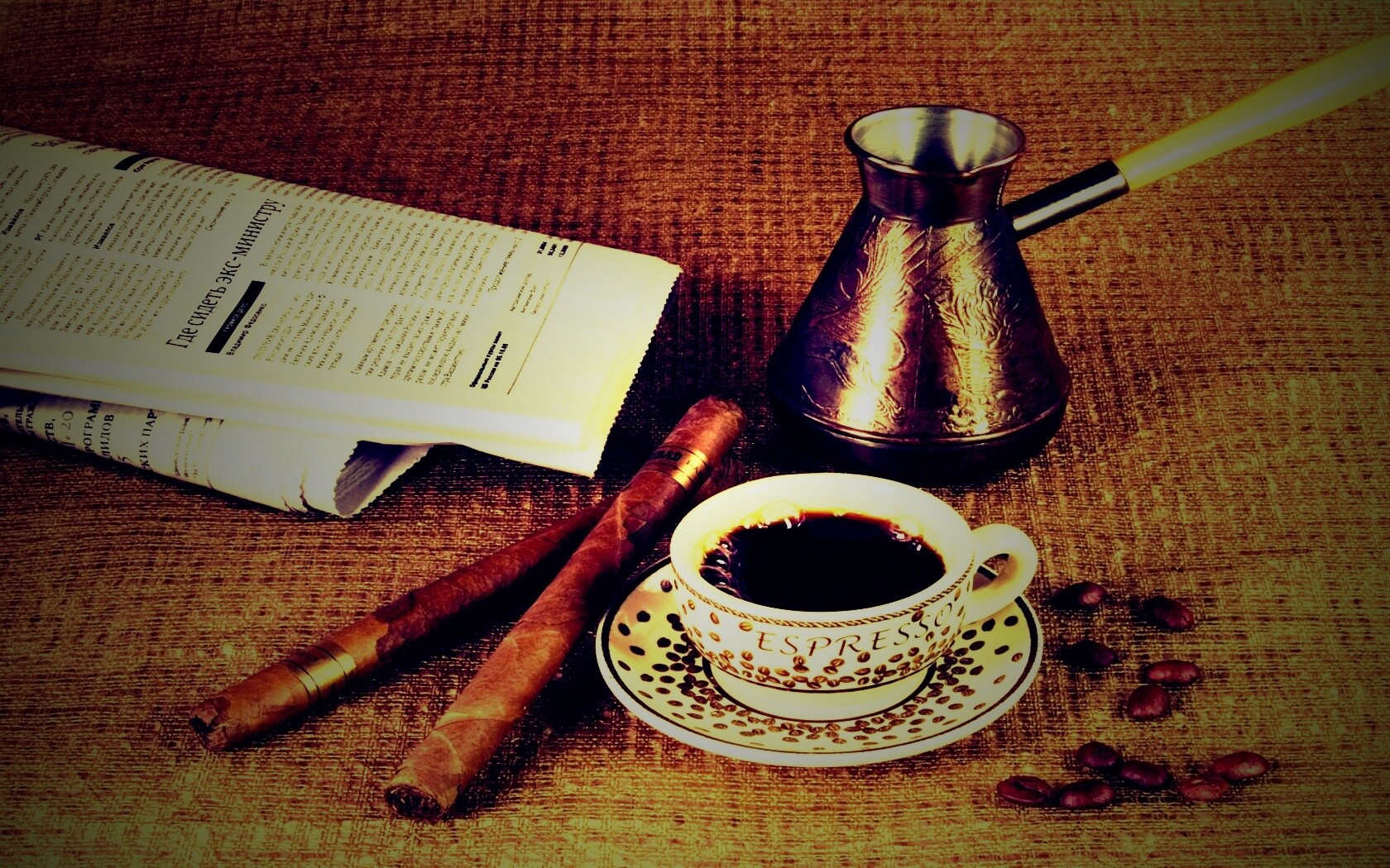 Утренний кофе, газета и сигары обои