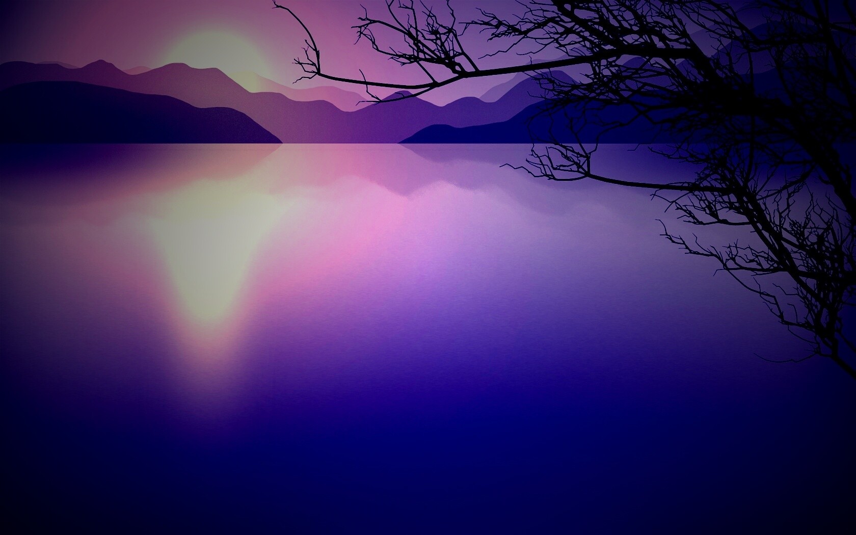 Ветка над вечерним озером обои