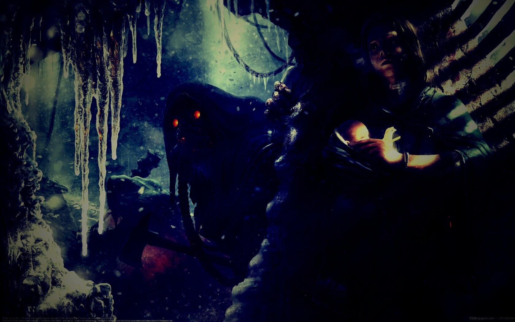 Девушка с ребенком прячется от монстра обои