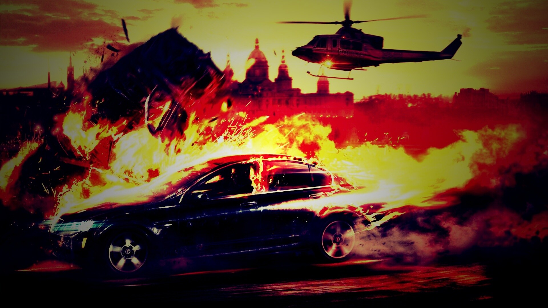 Погоня за горящей машиной обои