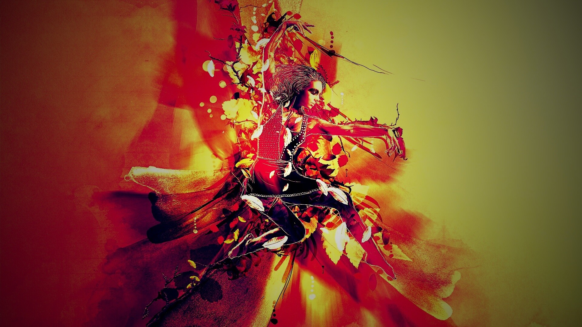 Девушка танцует в листьях обои