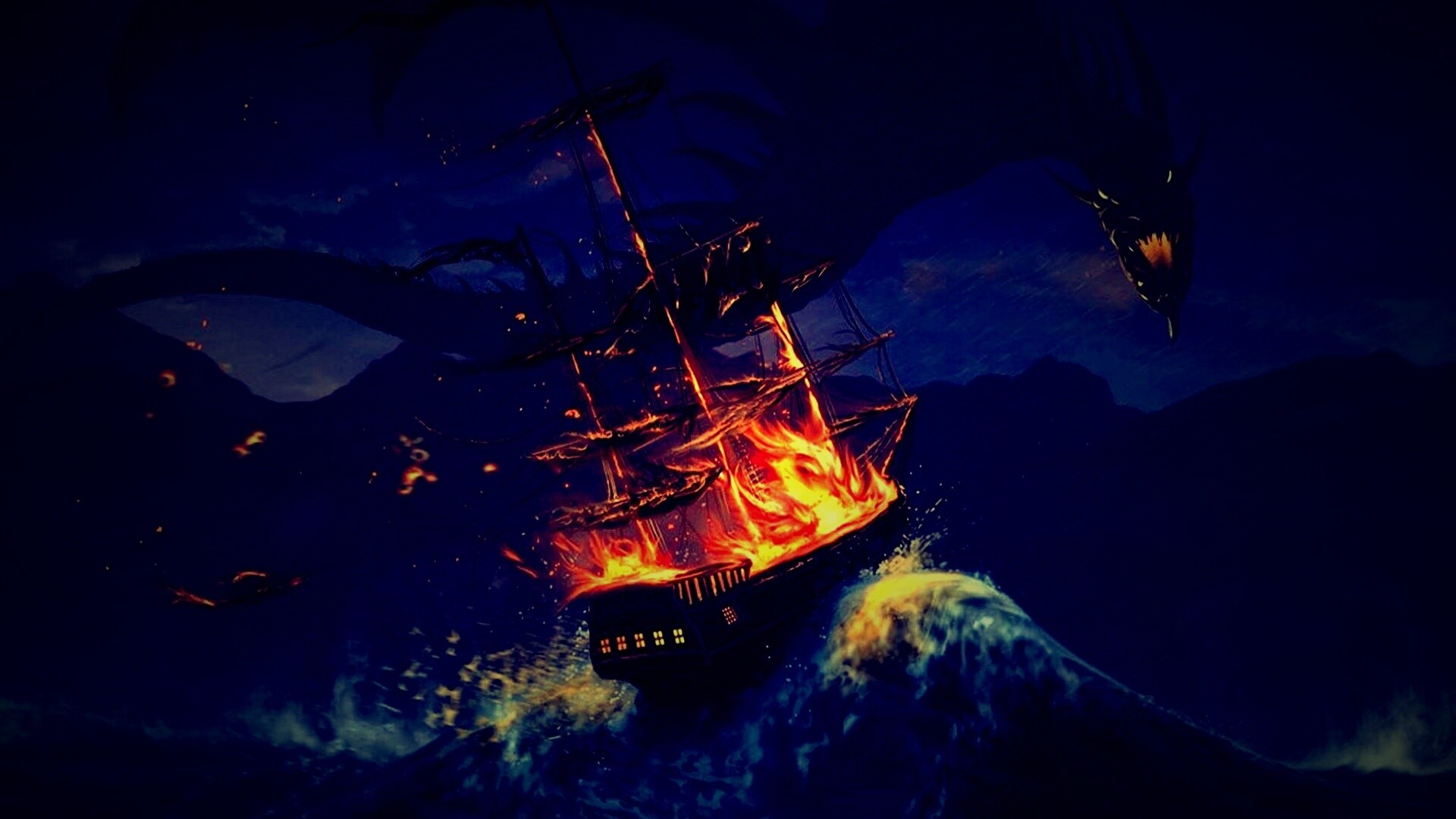 Дракон нападает на корабль обои