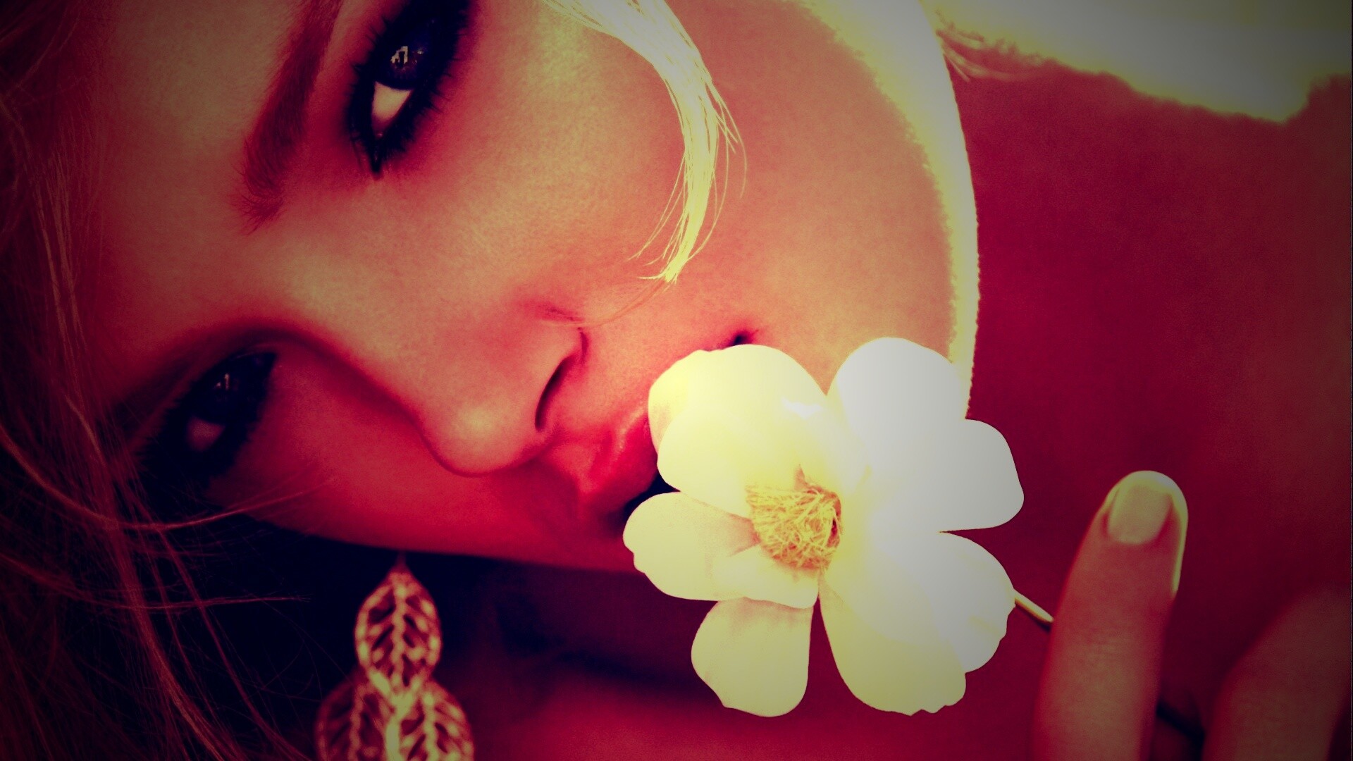 Красавица с белым цветком обои