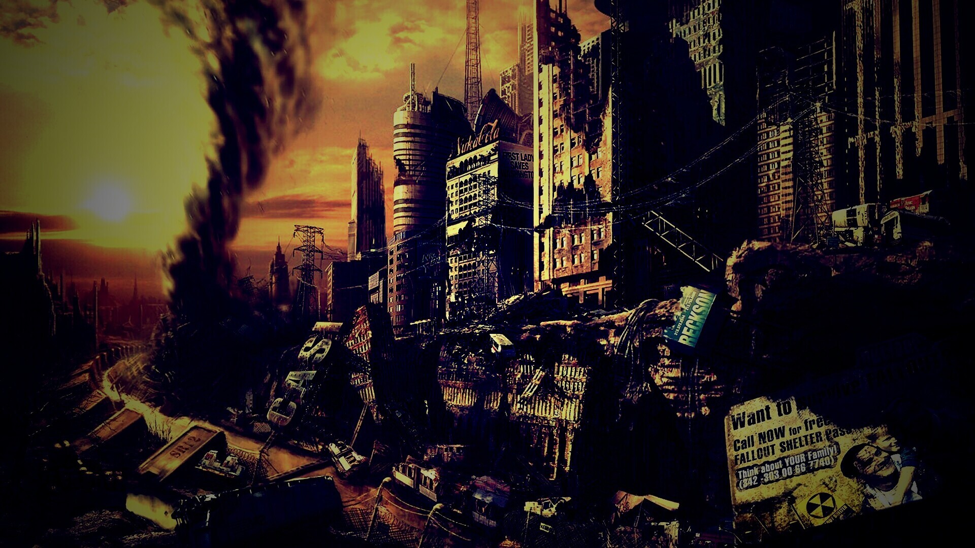 Торнадо в разрушенном городе обои