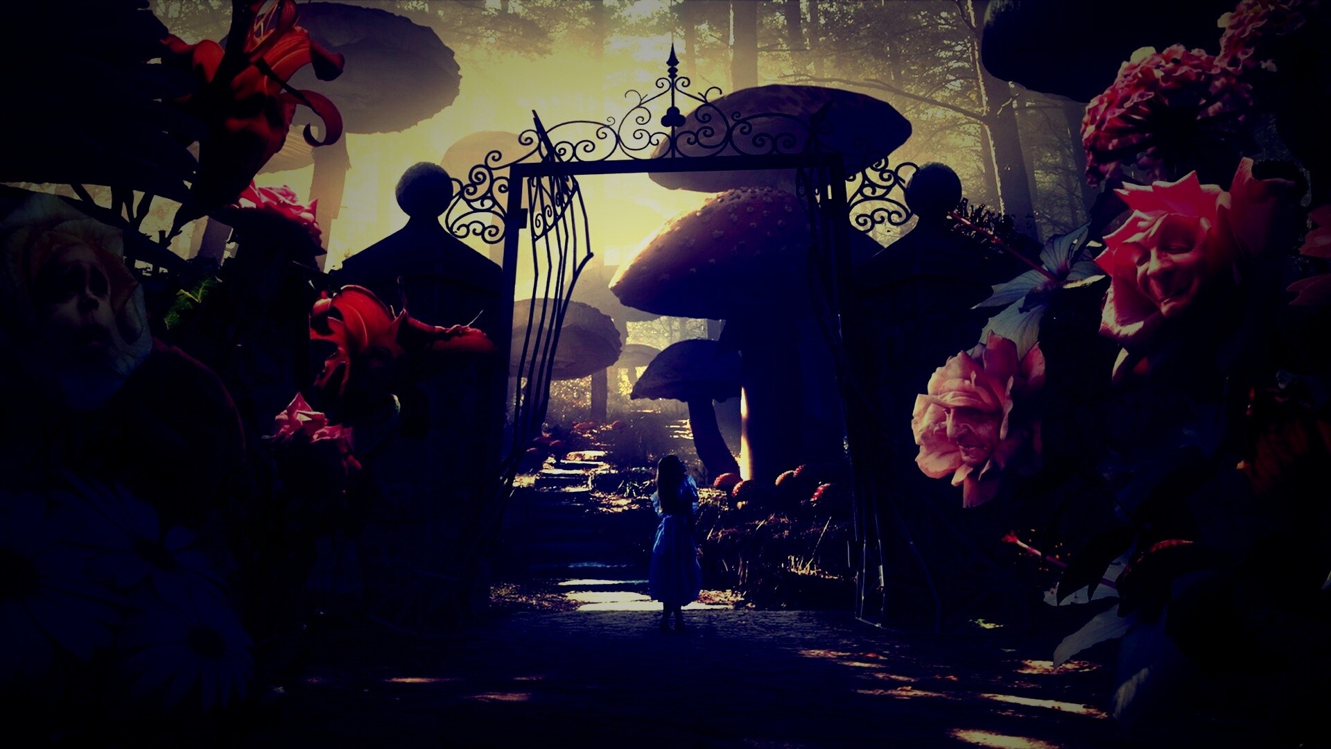 Алиса в стране чудес среди живых цветов обои