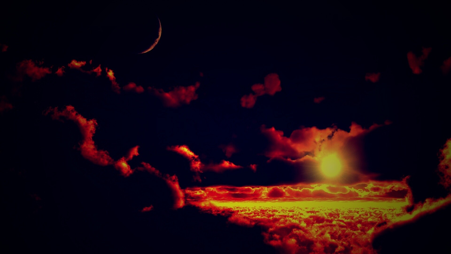 Закат и месяц над облаками обои