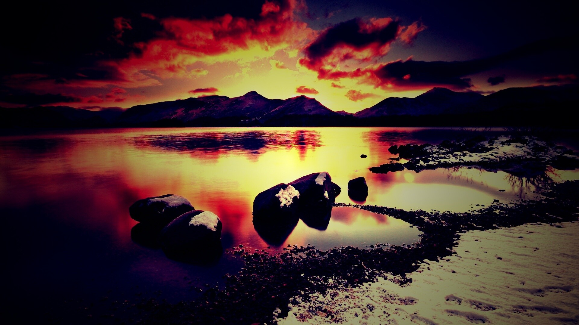 Картинный закат на озере обои