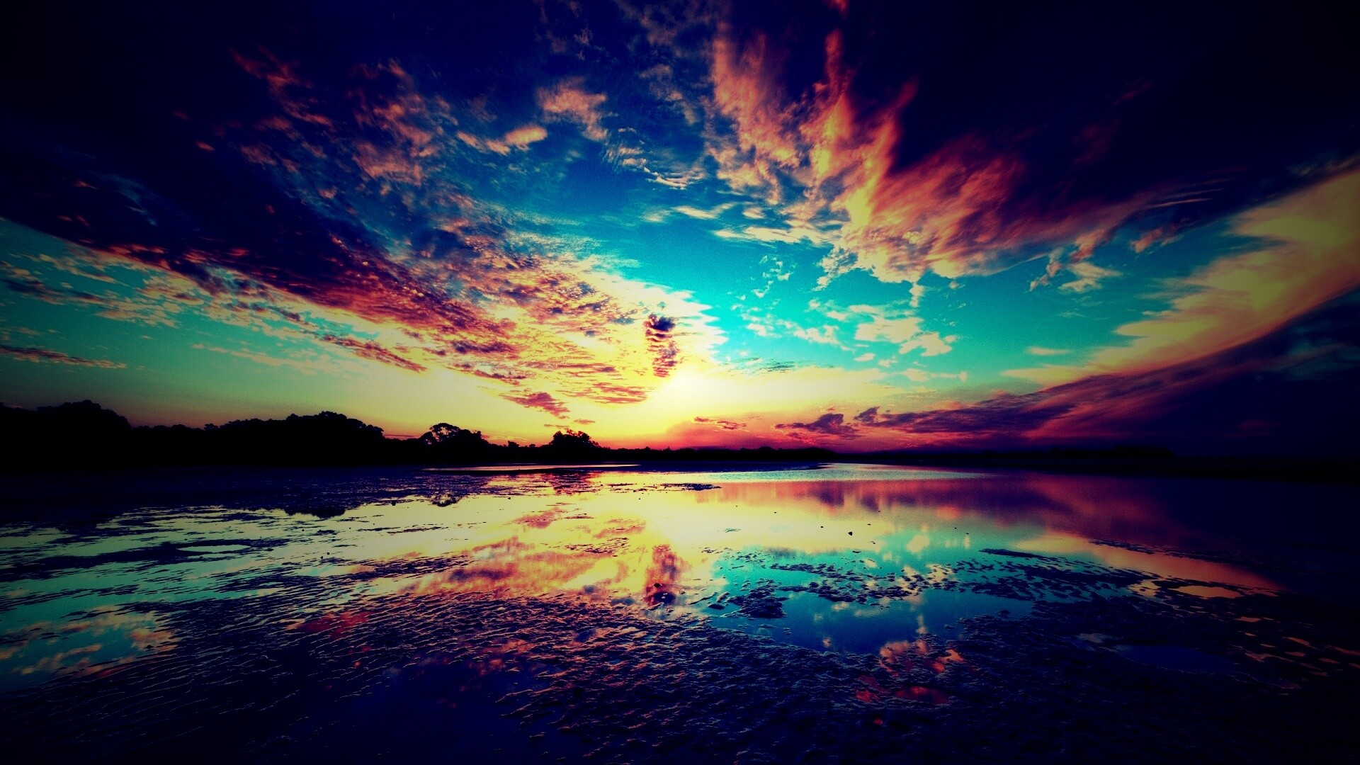 Дивный закат на озере обои