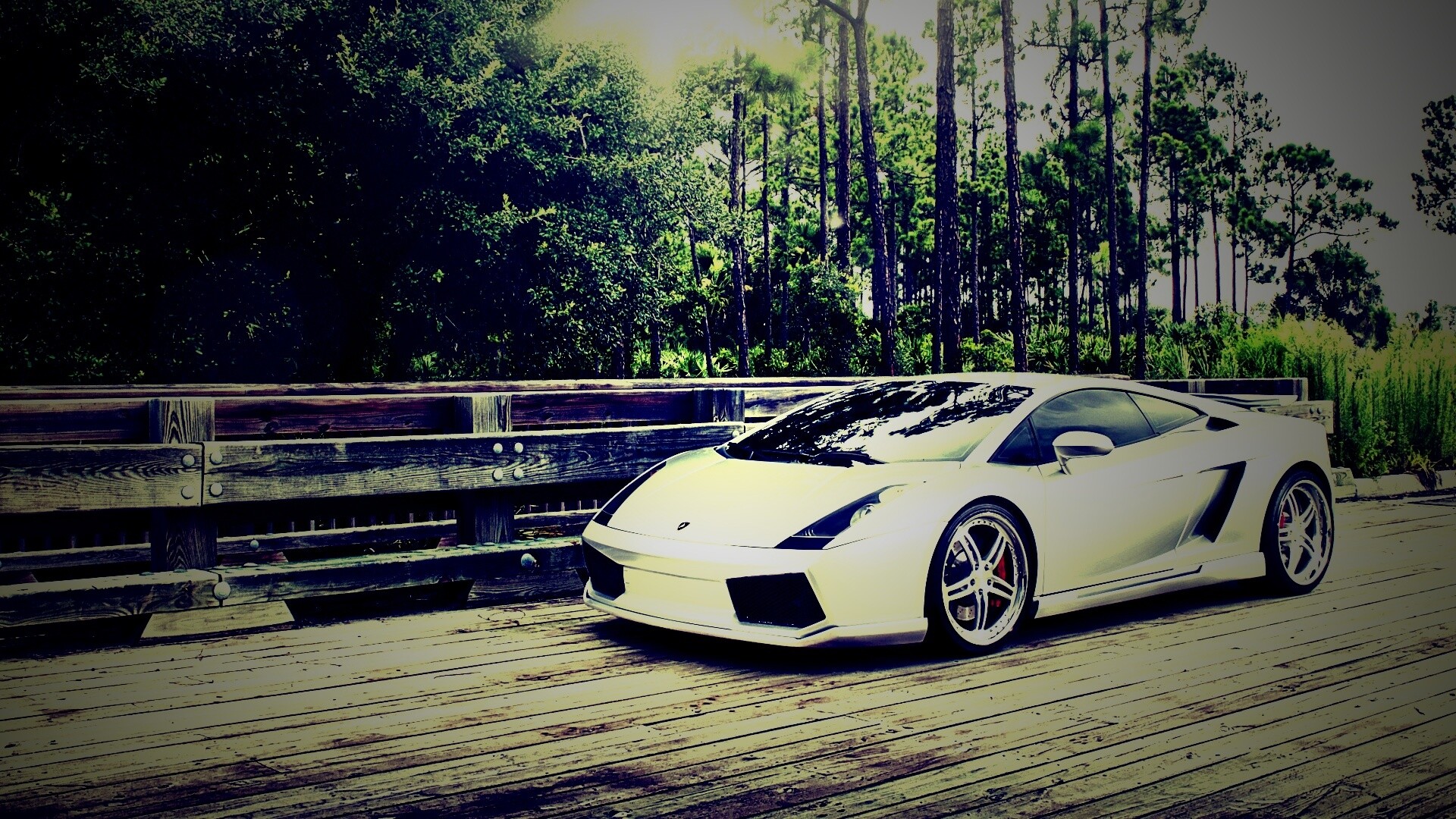 Ламбоджини на мосту в лесу обои