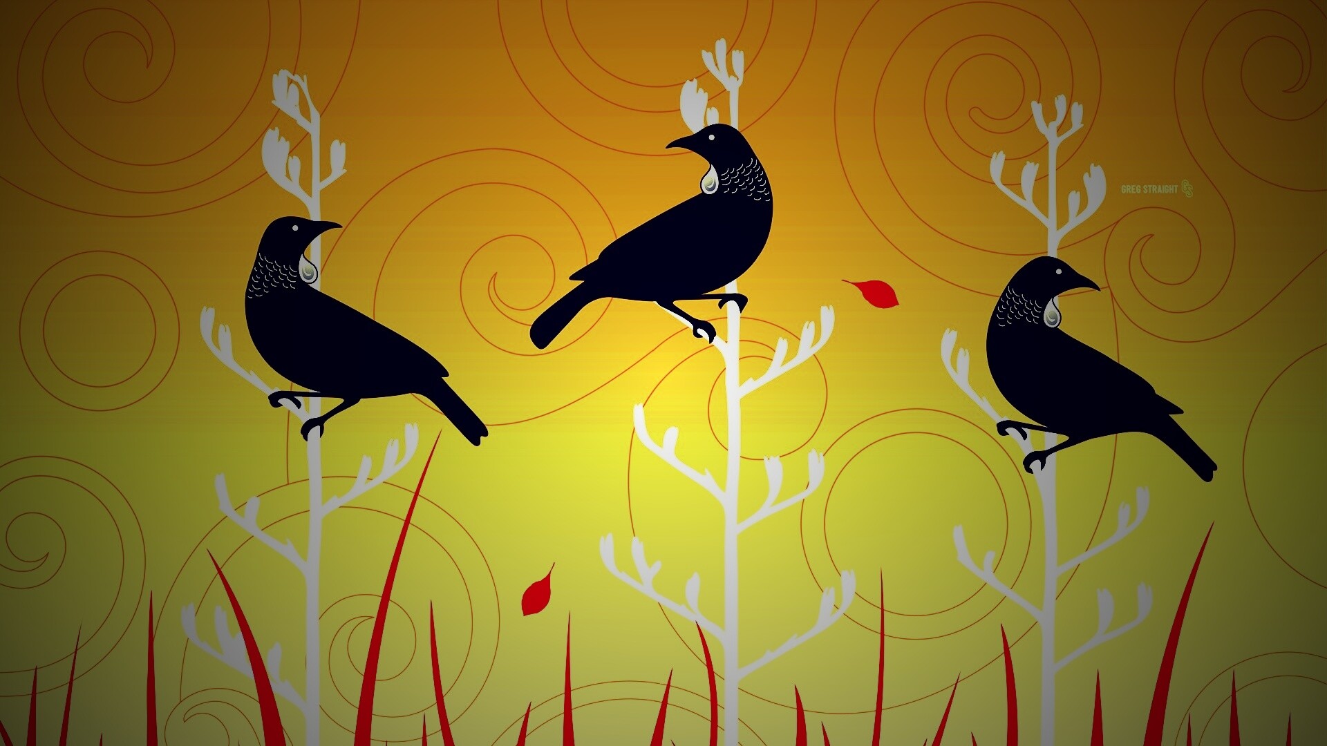 Векторные стилизованные птицы на ветках дерева обои