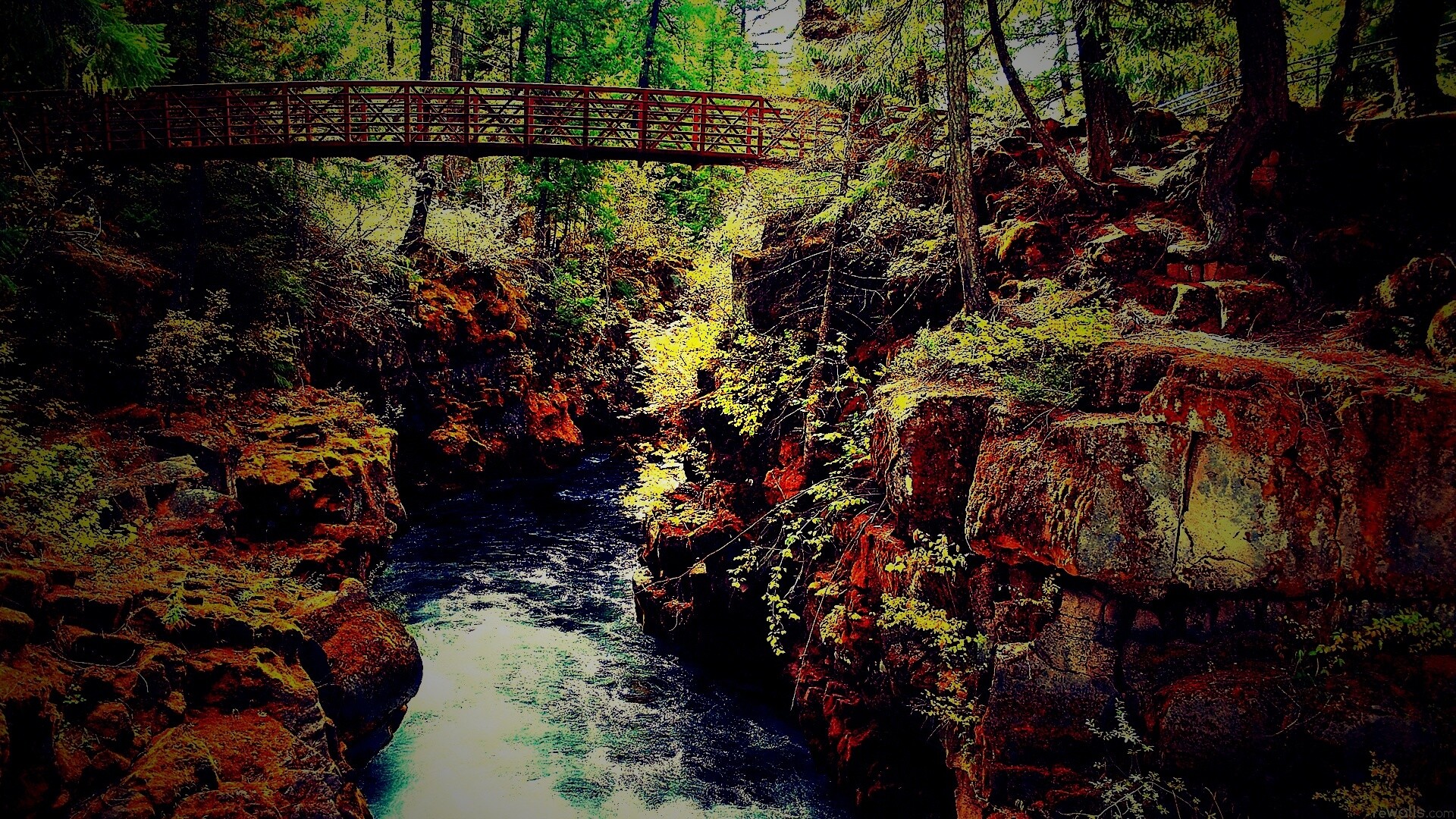 Мостик через реку в лесу обои