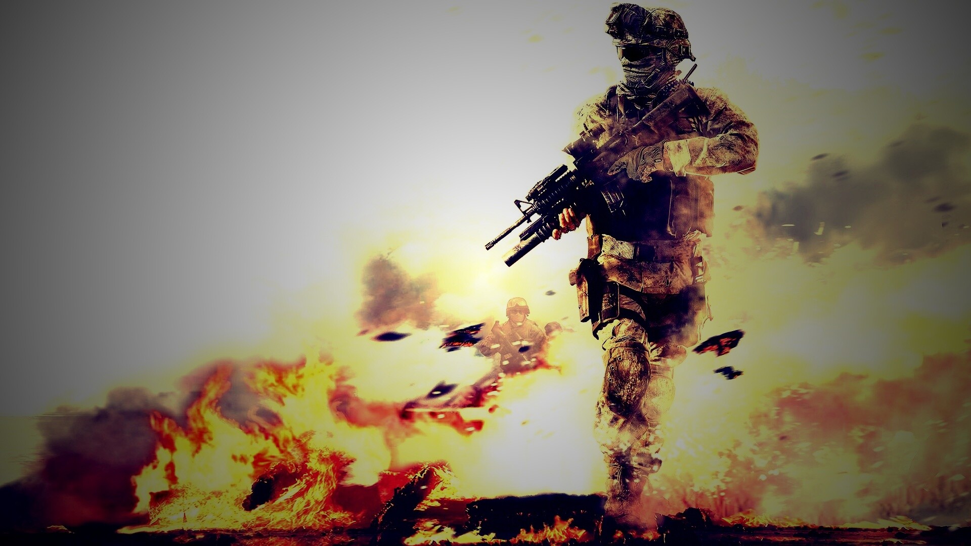 Солдат на фоне огня обои