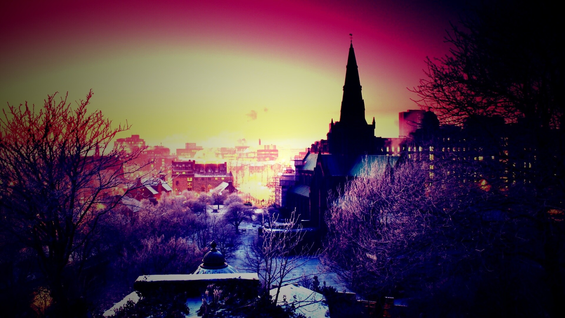 Закатный город зимой обои