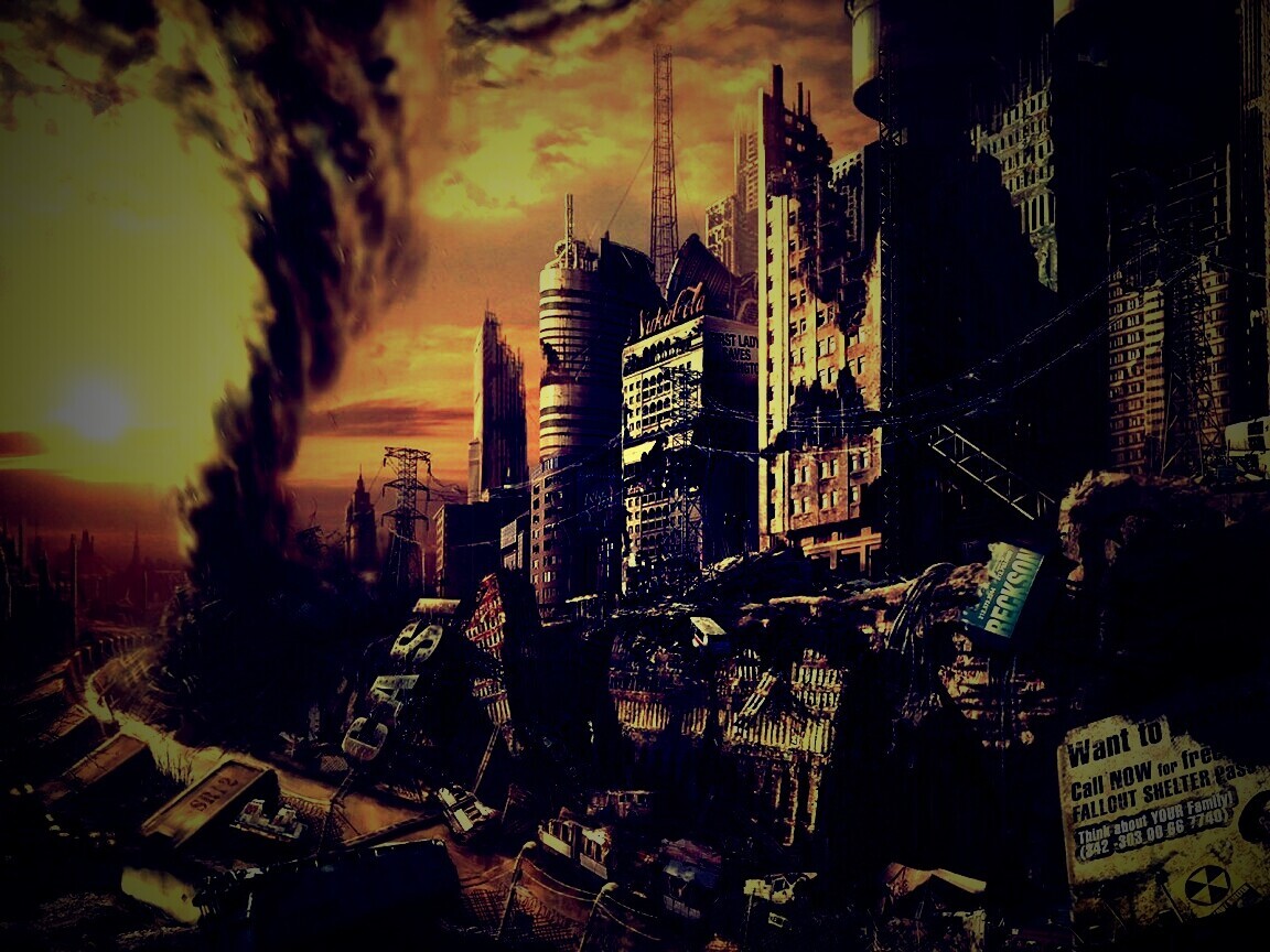 Торнадо в разрушенном городе обои