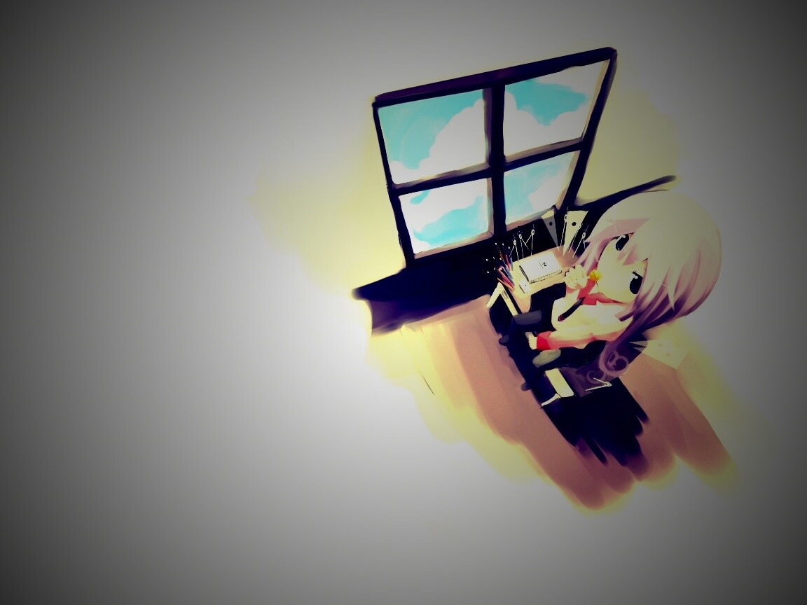 Школница с конфетой у окна обои