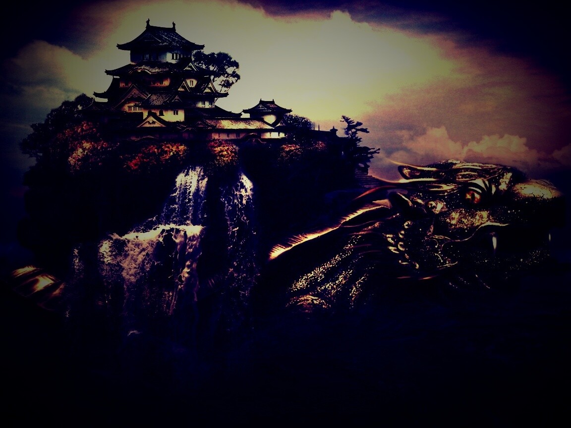 Золотая черепаха и китайская пагода в океане обои