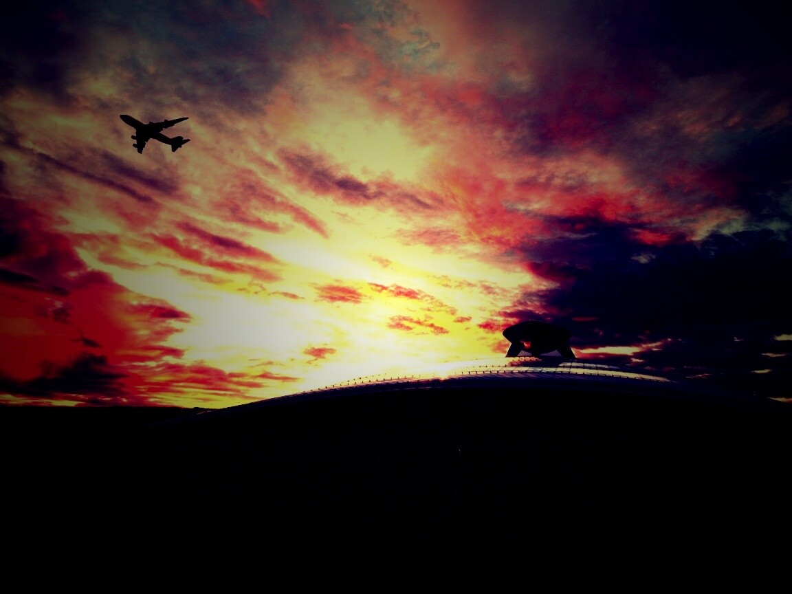 Самолет в закатном небе обои