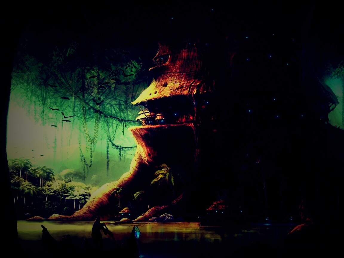 Город в стволе дерева обои