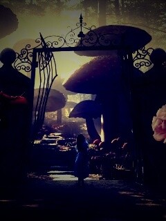 Алиса в стране чудес среди живых цветов обои