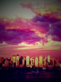 Панорама города на закате обои